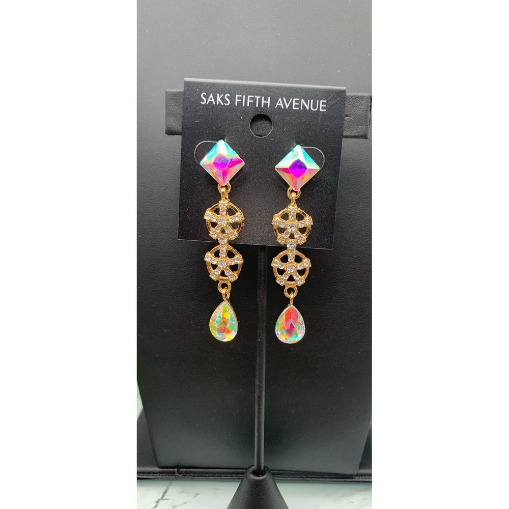 SAKS FIFTH AVENUE NOC Gold Tone Dangle Post Earrings AB / Clear Crystals